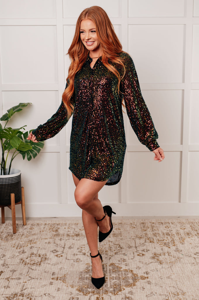 christmas sequin shirt dress Tipsy Elves Midnight String of Lights Sequin Dress