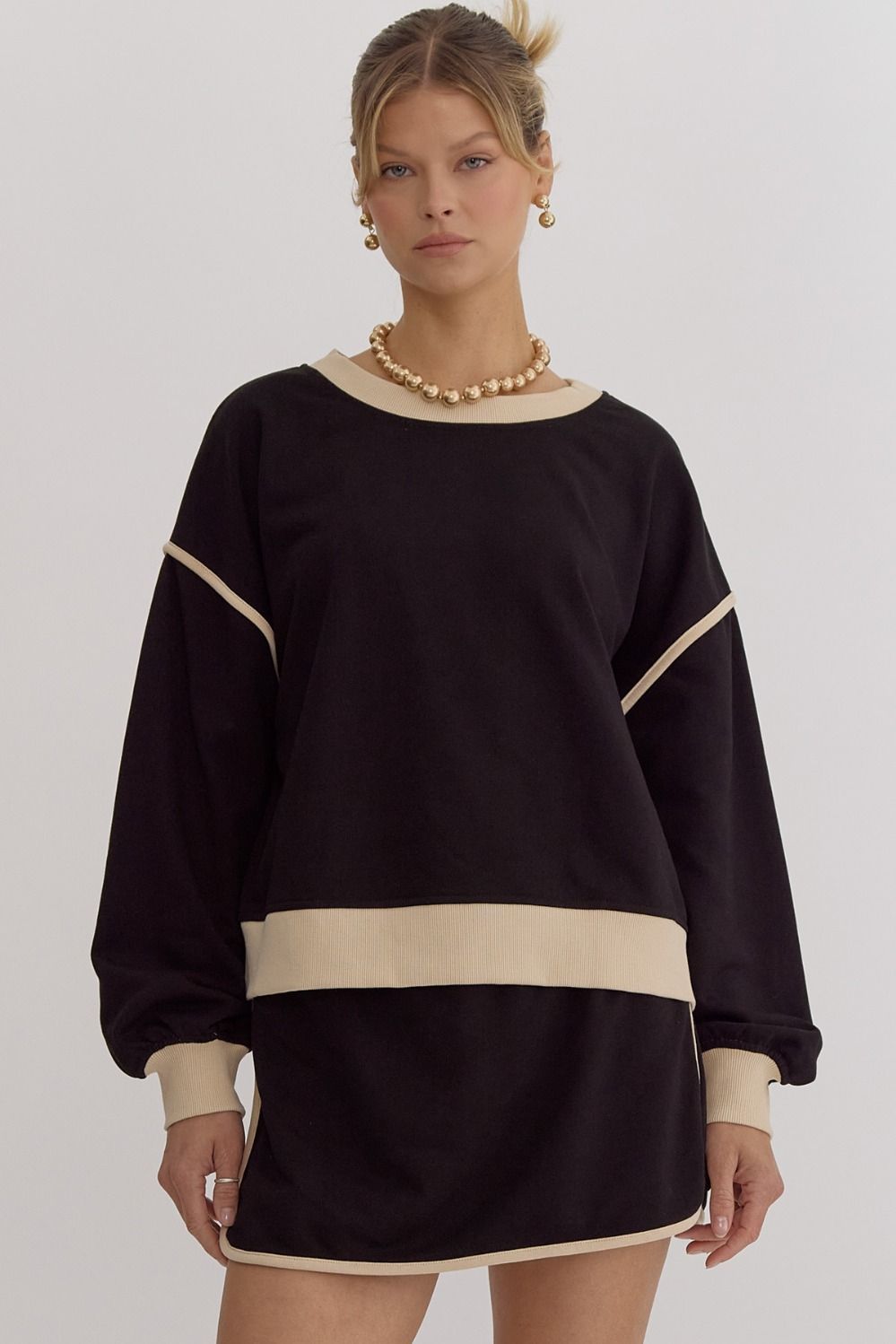 entro Solid Contrast Trim Long Sleeve Top Black - L entro Solid Contrast Trim Long Sleeve Top Black - L