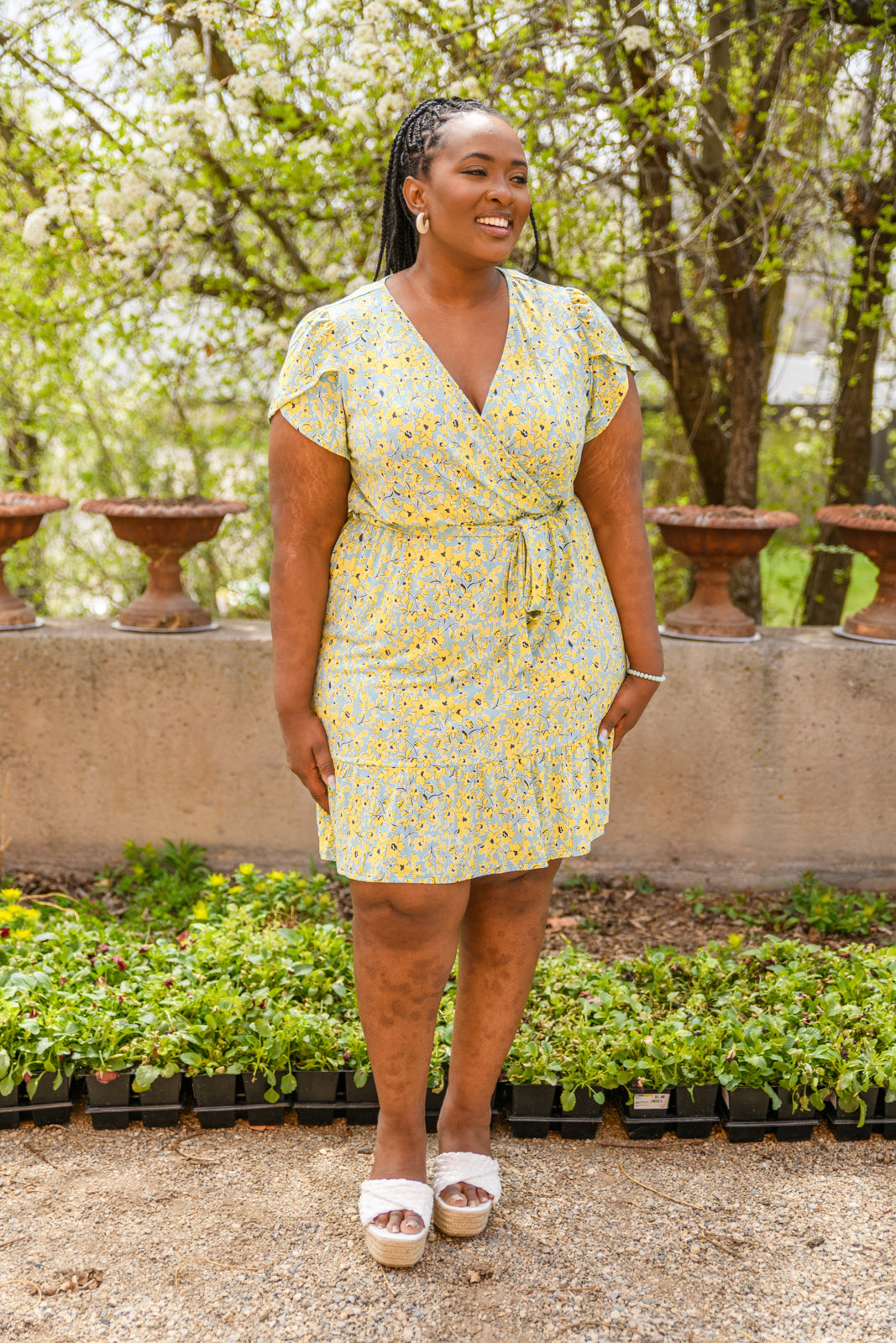 Yellow Floral Faux Wrap Knee Length Dress by GILLI Medium Yellow Floral Faux Wrap Knee Length Dress by GILLI Medium