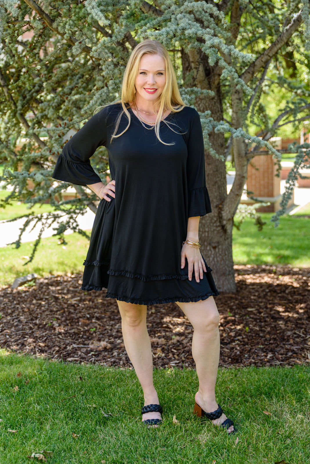 blue dress for baby girl A-Line Long Sleeve Knit Three Quarter Sleeve Dress with Ruffle Hem in Black Small