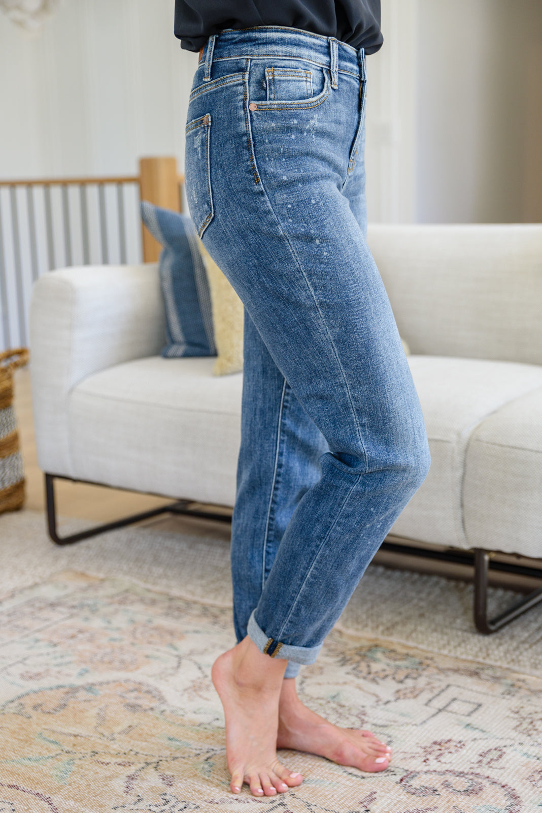 Hi Rise Medium Wash Bleach Splash Boyfriend Jeans by Judy Blue