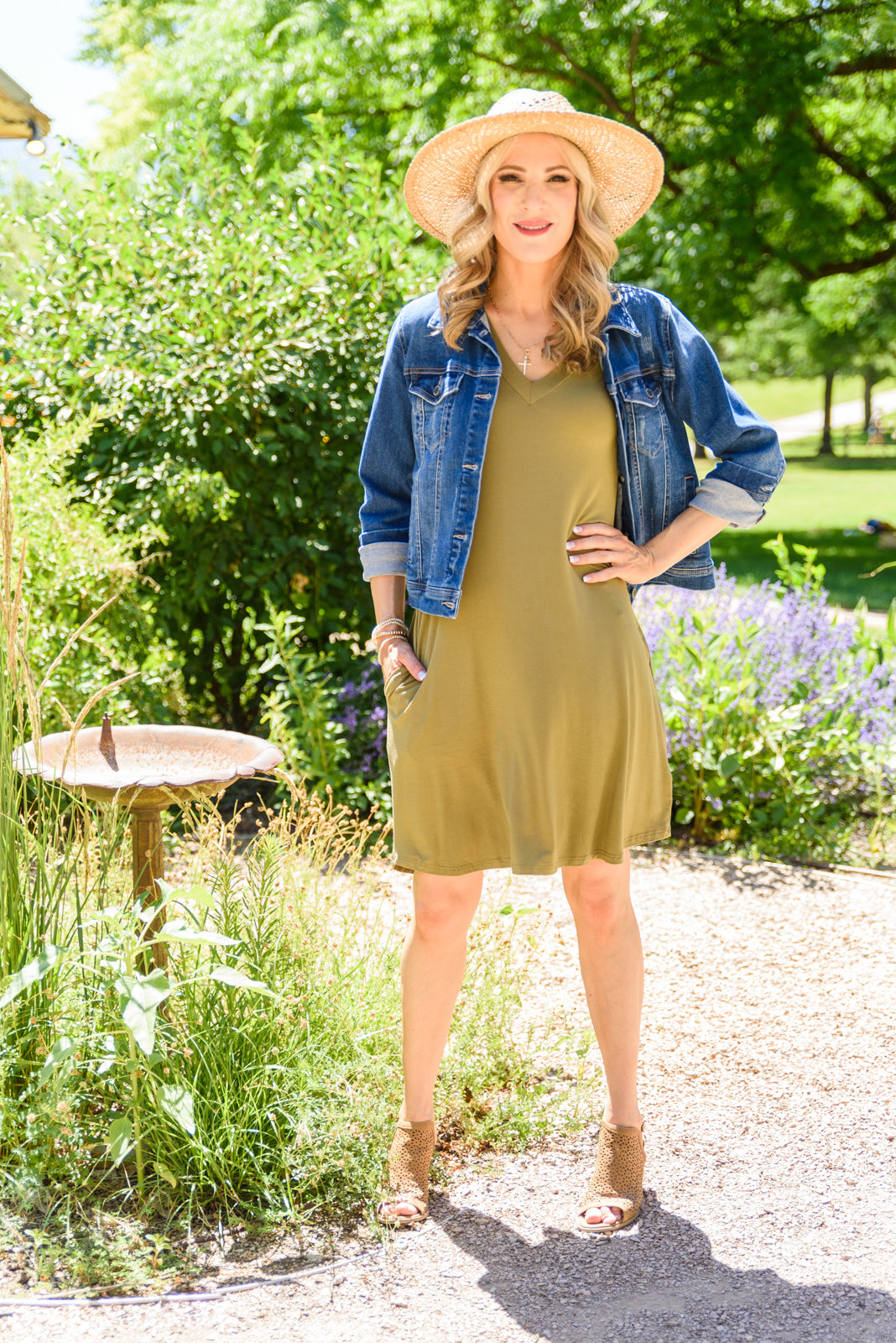 Olive Green Short Sleeve A-Line Tee Shirt Dress Small