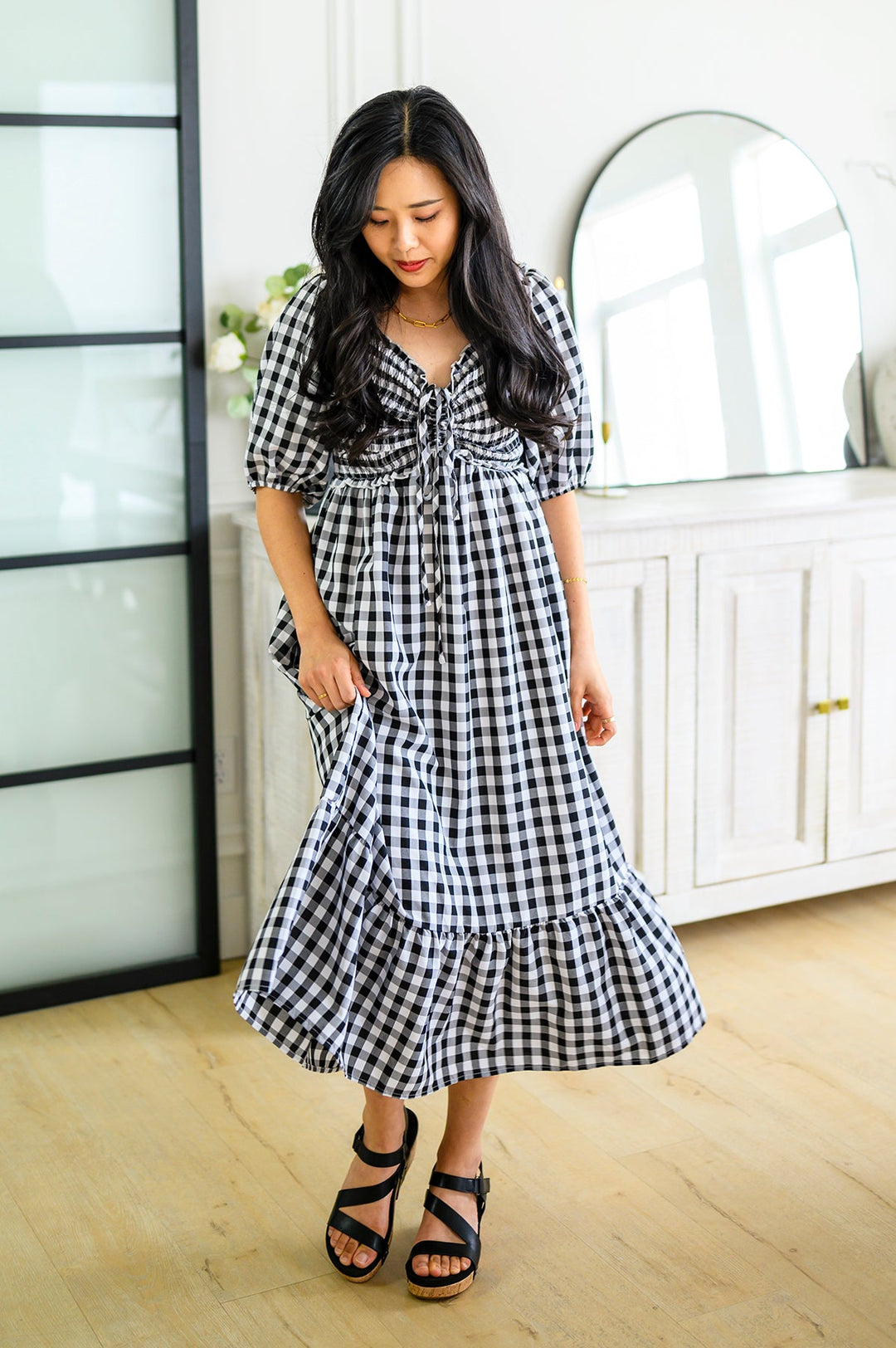 knee length dresses for ladies for Love & Lemons Georgia Gingham Midi Dress | Plaid/Black | Size XXS main image 0
